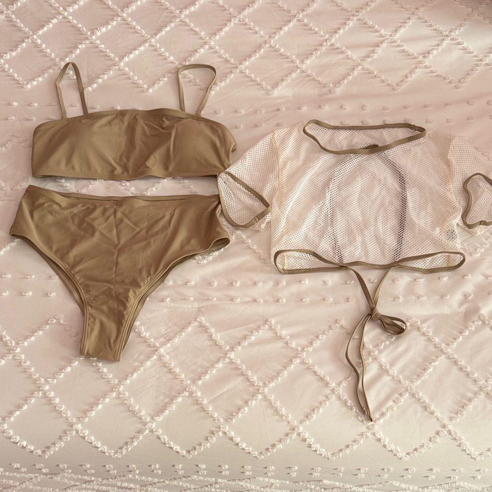 SHEIN Khaki Bikini Set with Sheer Cover-Up